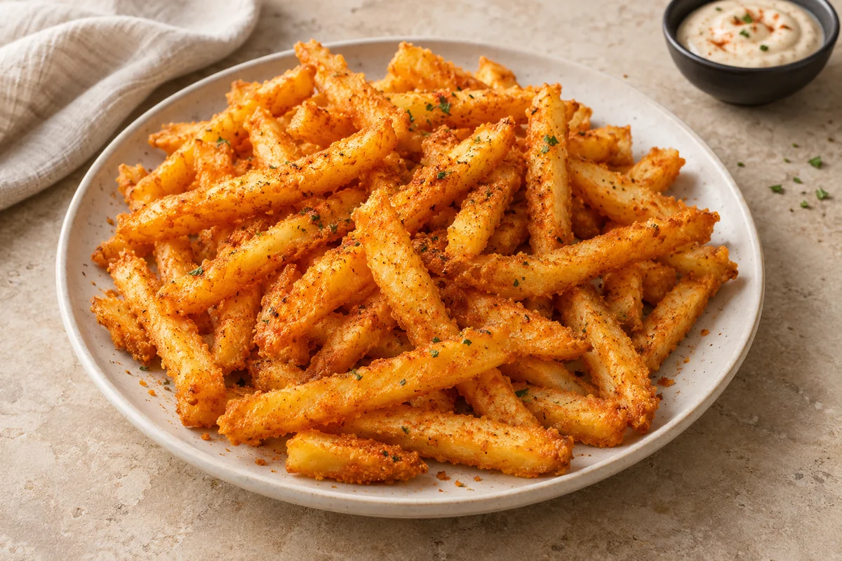 Battered Fries served on a ceramic plate