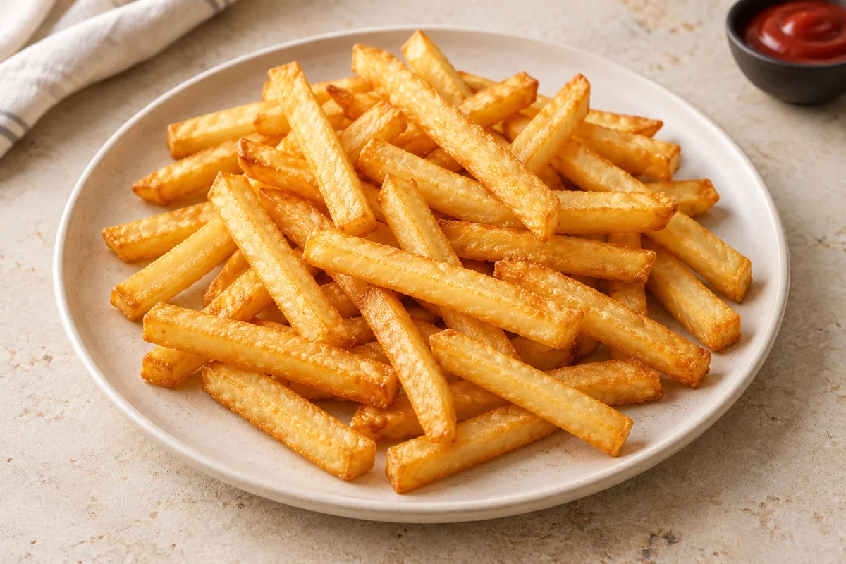 Clear Coated French Fries served on a ceramic plate