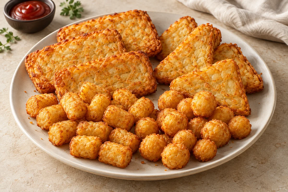 Hash Browns, Tater Tots & Potato Popcorn served on a ceramic plate